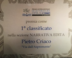 Premio letterario città di Como a Pietro Criaco